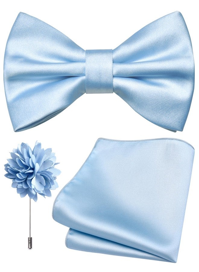 Branduce Baby Blue Bow Tie for Men Wedding Solid Satin Silk Bowties Pocket Square and Lapel Pin Brooch Set (BB07-44) - Image 1